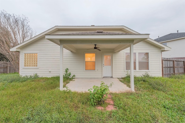 back of house with fence, a patio, and ceiling fan