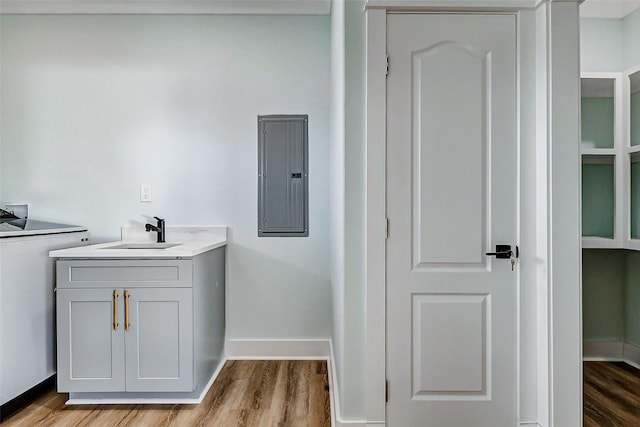 bathroom with vanity, wood finished floors, electric panel, and baseboards