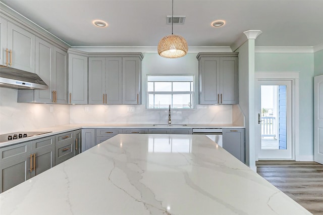 kitchen featuring gray cabinets, visible vents, a sink, and under cabinet range hood