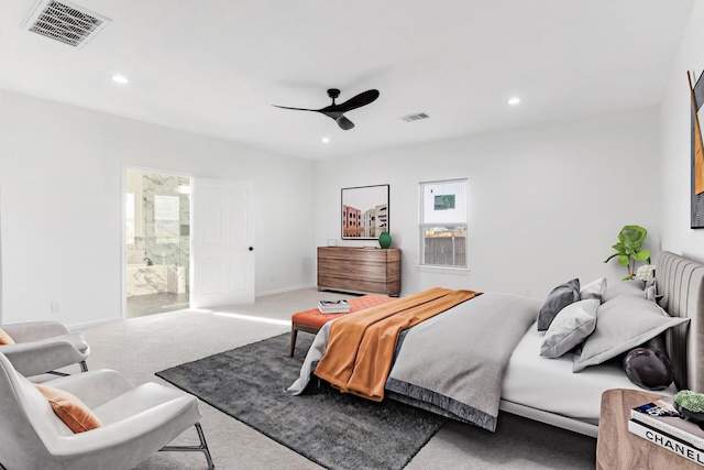 bedroom with visible vents, recessed lighting, a ceiling fan, and carpet