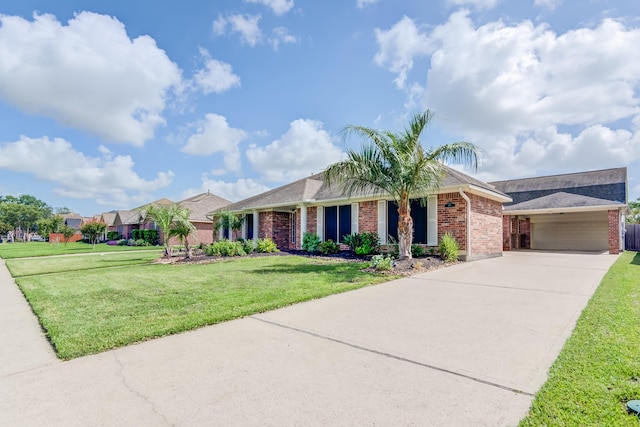 single story home featuring driveway, brick siding, and a front yard