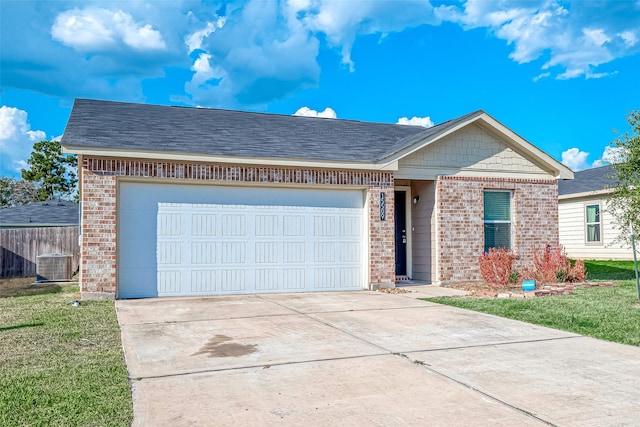 ranch-style home with brick siding, concrete driveway, a front yard, fence, and a garage