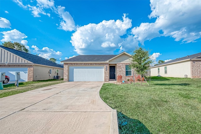 ranch-style home featuring brick siding, central air condition unit, concrete driveway, a front yard, and a garage