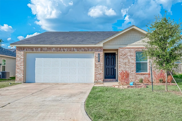 ranch-style house with brick siding, central air condition unit, an attached garage, a front yard, and driveway