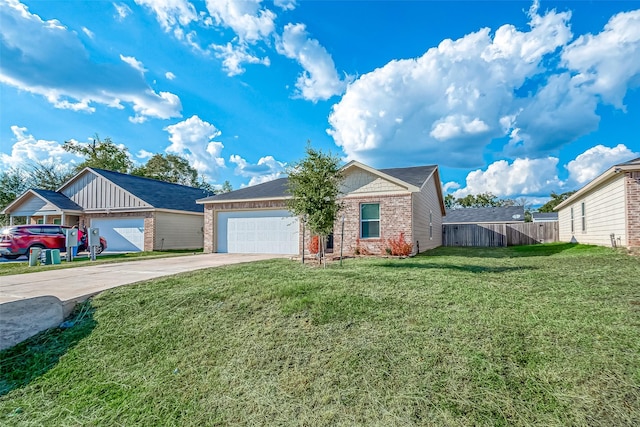 ranch-style home featuring an attached garage, brick siding, fence, concrete driveway, and a front lawn