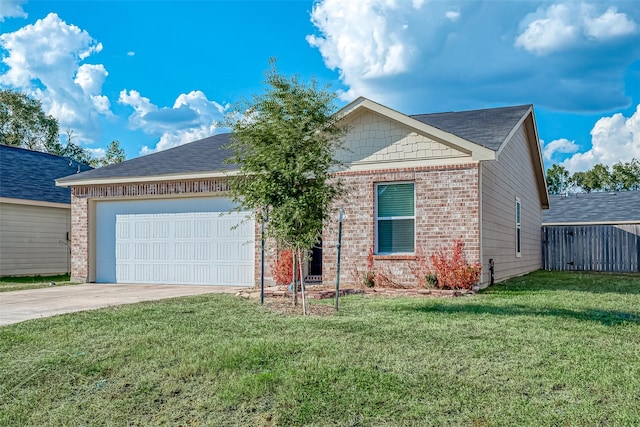 single story home with concrete driveway, an attached garage, fence, a front lawn, and brick siding