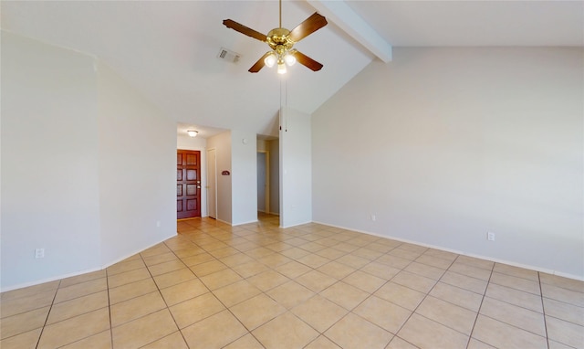 unfurnished room featuring light tile patterned floors, visible vents, ceiling fan, beamed ceiling, and high vaulted ceiling