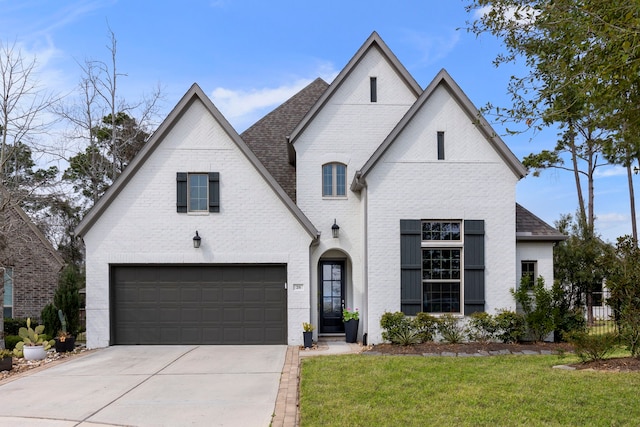 view of front facade with a shingled roof, concrete driveway, fence, a front lawn, and brick siding