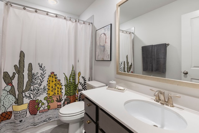 full bathroom with toilet, vanity, and a shower with curtain