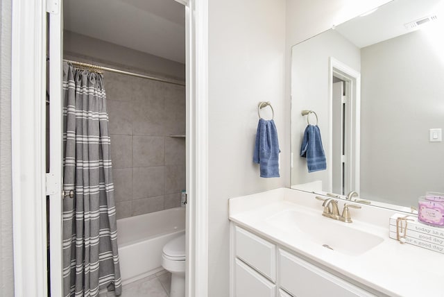 bathroom with tile patterned flooring, toilet, shower / tub combo, vanity, and visible vents