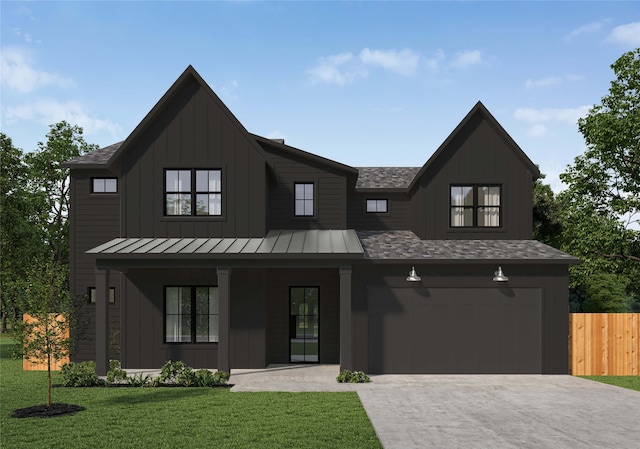 modern farmhouse style home featuring driveway, a standing seam roof, fence, board and batten siding, and a front yard