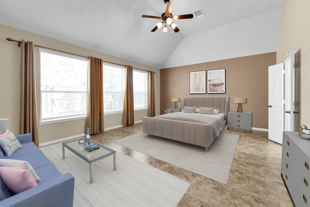 bedroom featuring lofted ceiling, a ceiling fan, visible vents, and baseboards