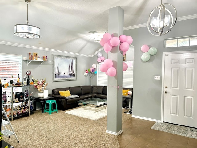 tiled living area featuring lofted ceiling, ornamental molding, a textured ceiling, a chandelier, and baseboards