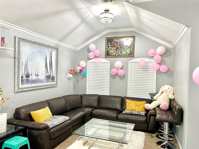 carpeted living area featuring lofted ceiling, a textured ceiling, and visible vents