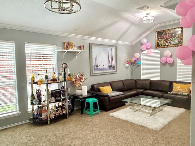 carpeted living room featuring vaulted ceiling, ornamental molding, a textured ceiling, and visible vents