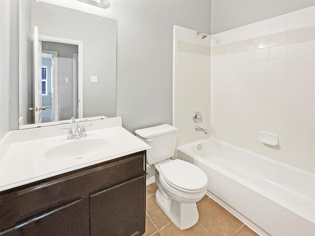 full bath featuring toilet, shower / bathtub combination, vanity, and tile patterned floors