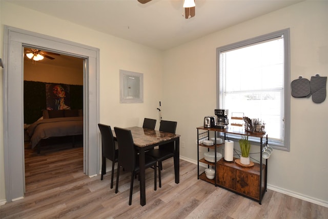 dining area with light wood-style floors, electric panel, ceiling fan, and baseboards