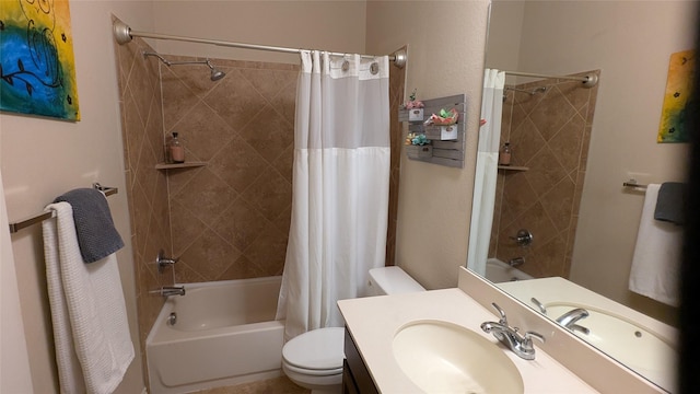 bathroom with vanity, toilet, and shower / bathtub combination with curtain