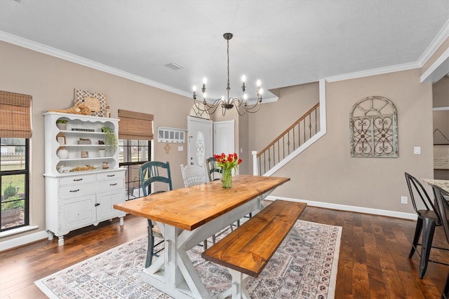 dining room with stairs, baseboards, dark wood-style flooring, and ornamental molding