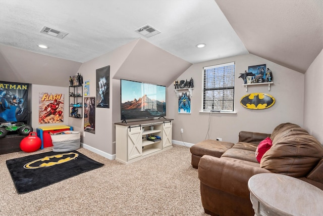 interior space with a textured ceiling, carpet floors, visible vents, and baseboards