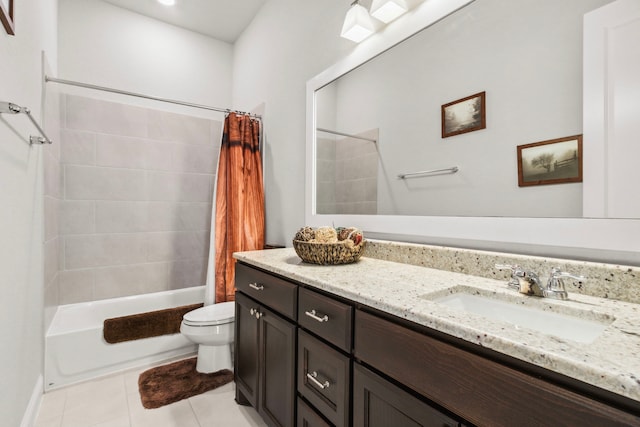 bathroom featuring shower / bath combo, vanity, toilet, and tile patterned floors