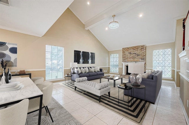 living room featuring high vaulted ceiling, a brick fireplace, and crown molding