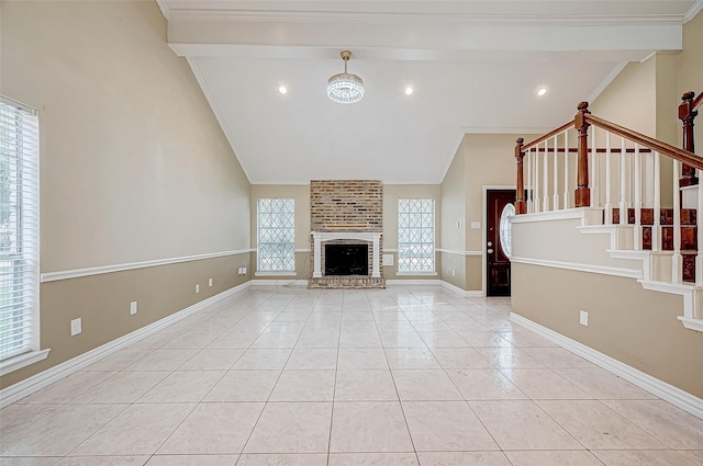 unfurnished living room with light tile patterned floors, baseboards, stairs, a brick fireplace, and beamed ceiling