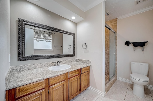 full bathroom featuring a stall shower, baseboards, visible vents, and toilet