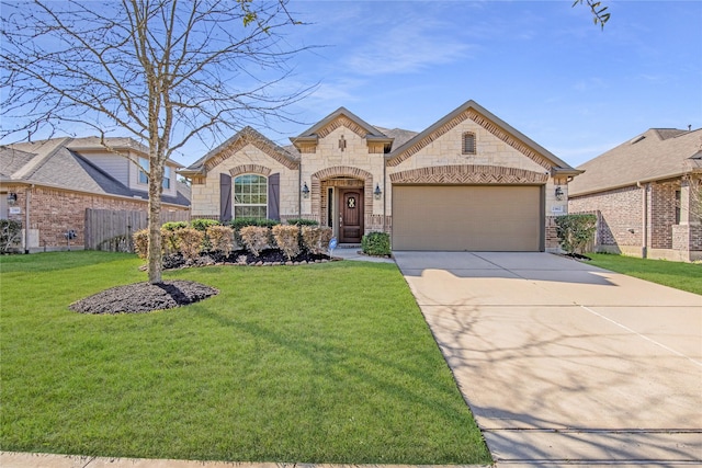 french country style house with fence, concrete driveway, a front yard, a garage, and stone siding