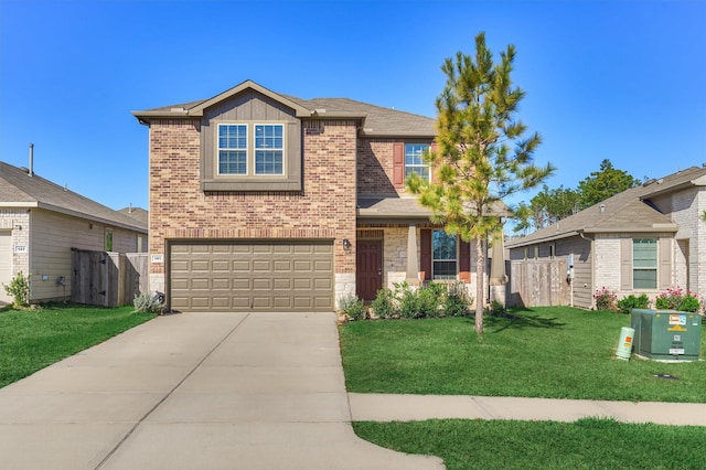 view of front of home featuring concrete driveway, an attached garage, board and batten siding, a front yard, and fence