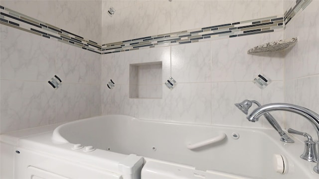 full bathroom featuring a combined bath / shower with jetted tub and tile walls