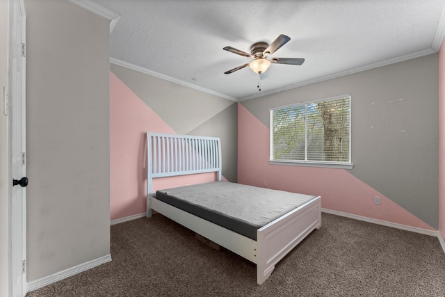 carpeted bedroom with crown molding, baseboards, ceiling fan, and a textured ceiling