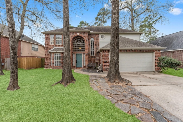 traditional-style home with a garage, driveway, brick siding, fence, and a front yard