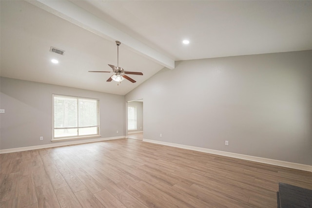 unfurnished living room with vaulted ceiling with beams, visible vents, light wood-style floors, ceiling fan, and baseboards