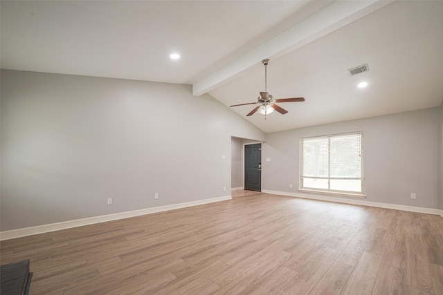 unfurnished room featuring vaulted ceiling with beams, visible vents, a ceiling fan, baseboards, and light wood-type flooring