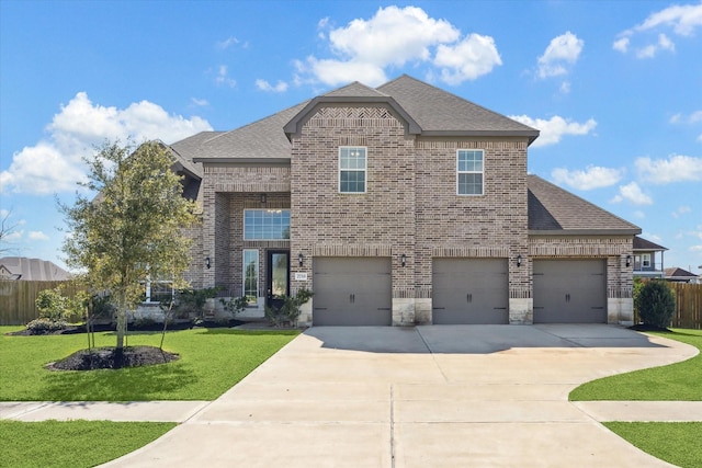 view of front of property with stone siding, brick siding, roof with shingles, and a front yard