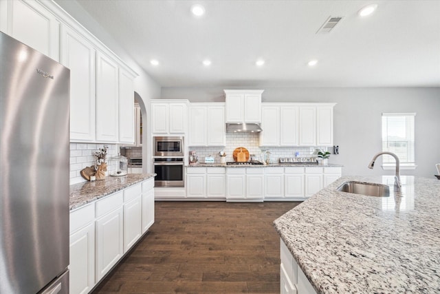 kitchen featuring under cabinet range hood, dark wood-type flooring, a sink, visible vents, and appliances with stainless steel finishes