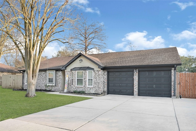 single story home with a front lawn, concrete driveway, fence, and an attached garage