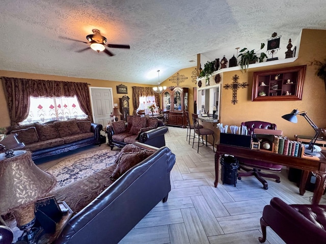 living room featuring vaulted ceiling, a textured ceiling, and ceiling fan with notable chandelier