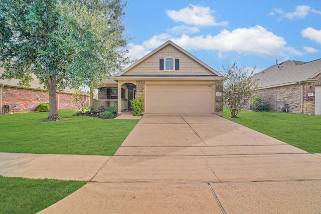 view of front facade featuring driveway, an attached garage, a front yard, and brick siding