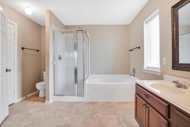 bathroom featuring a stall shower, toilet, tile patterned floors, vanity, and a bath