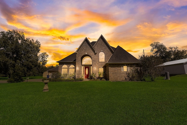 french country inspired facade with stone siding and a front lawn