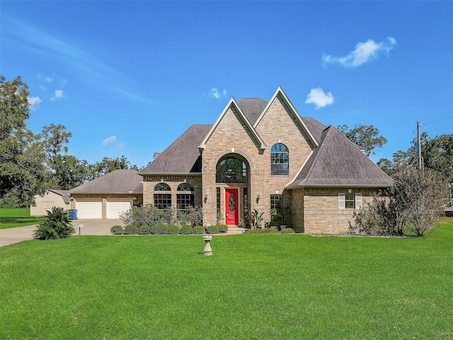 french provincial home with concrete driveway, brick siding, and a front yard