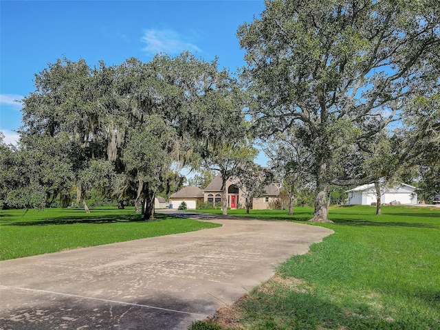 view of community featuring driveway and a yard