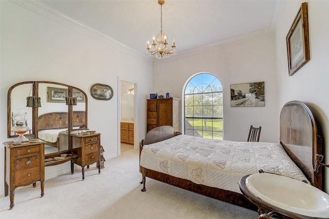 bedroom with light carpet, baseboards, ornamental molding, ensuite bathroom, and an inviting chandelier