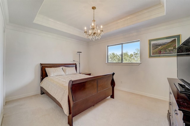 bedroom with baseboards, a raised ceiling, and light colored carpet