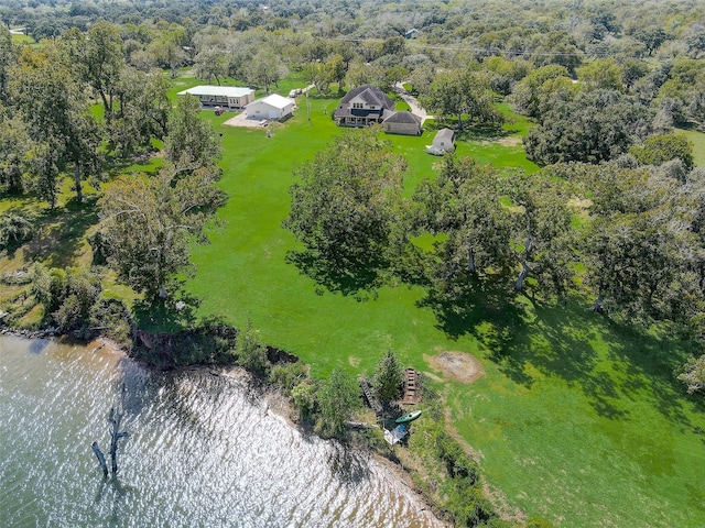 bird's eye view with a water view and a view of trees