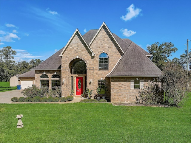 french country inspired facade with brick siding, roof with shingles, and a front yard