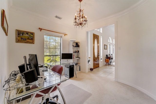 office with visible vents, carpet flooring, and ornamental molding