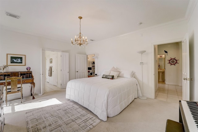 bedroom with light carpet, visible vents, a chandelier, and ornamental molding